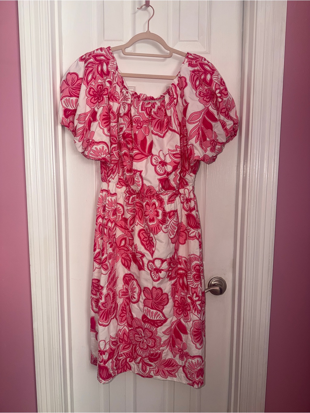 Trina Turk Pink And White Floral Midi Dress With Puff Sleeves